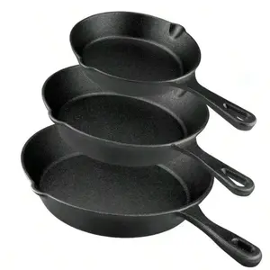 3pcs Bare Cast Iron Skillet Set (6/8/10 Inch) - Heavy-Duty Heirloom-Grade Sand Casting, Seasoning, Stir-Fries, Non-Stick Surface & Oven/Grill/ - Even Heat Distribution For Steak, Cornbread, Baking - Rustic Kitchen Cookware Essentials