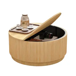 Giratree 31.5" Round Coffee Table with Storage, Mid Century Modern Coffee Tables with Fluted Base, Wooden Circle Accent Center Table for Living Room Small Space Apartment Office