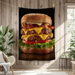 1 Piece Throw Blanket - Soft and Lightweight, Suitable for All Seasons, Hamburger Pattern, Black Background - Ideal for Living Room, Bedroom, Nap Time - Ideal Gift for Food Lovers and Hamburger Enthusiasts - Modern Home Decor, Vibrant Colors