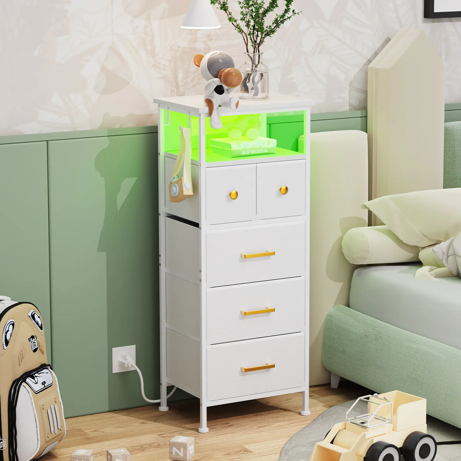 Tall Dresser with LED Light and Charging Station, Narrow Storage Cabinet with 5 Drawers, Open Shelf, Wood Top and Metal Frame for Bedroom, Living Room and Entryway, 40 × 30 × 98 cm