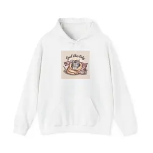 Women's relaxation and positive energy featuring a sleeping cat Graphic Hoodie - Long Sleeve Pullover Regular Fit | Soft & Breathable Fabric, Durable Print, Everyday Comfort, Machine Washable, cute and cozy illustration with soft, warm tones a cozy indoor