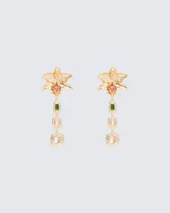 FINESSE Yasmeen Gold Tropical Orchid Drop Earrings with Dangling Pink & Green Gems, Aesthetic Gold Jewelry, Gold Jewelry Aesthetic
