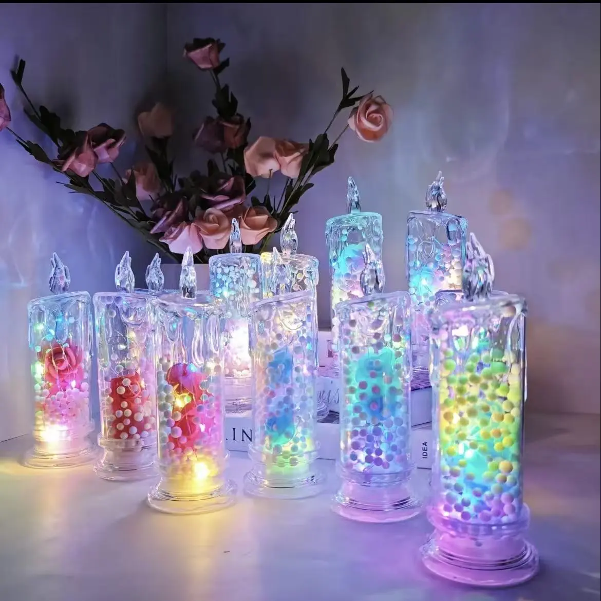 4-Pack LED Rose Flameless Candles, Colorful Acrylic Fairy Light Lamps, Casual Living Room Shelf & Dining Table Decor, Engagement & Valentine’s Day Gift for Weddings, Anniversaries