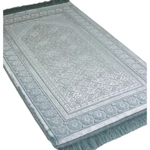 Luxury Velvet Islamic Prayer Rug Floral Stamp - Light Blue