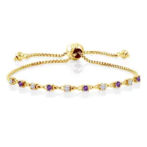 Gem Stone King 18K Yellow Gold Plated Silver White Moissanite and Gemstone Birthstone Infinity Tennis Bracelet For Women | Round 2.5MM | Adjustable Bolo Bracelet Up to 9 Inch | Easy-On Easy-Off
