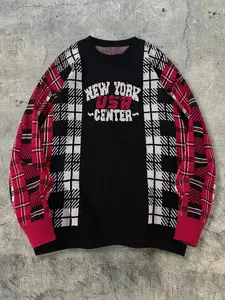 Men’s new casual loose-fit minimalist sweater for autumn/winter, featuring color-block design, English letters, bird pattern, square motif, retro American street style, premium feel, crew neck pullover, knit long sleeves, versatile for commuting.