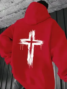 Men's Casual Loose Hooded Sweatshirt with Cross Print, Fleece Lined Pullover for Fall & Winter, Comfortable and Stylish Top, Hot Trending Hoodies