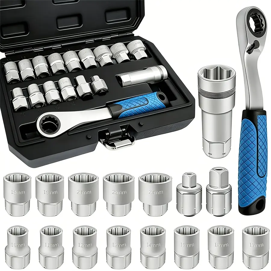 17-Piece Ratchet Tool Set with 3/8"-1/2" Through-Sockets, Metric 12-Point Sockets, 72-Tooth 2-in-1 Ratchet Wrench, Adapter, Extension Bar, Chrome Vanadium Steel, Deep Grooves, Grip Handle, Storage Case for Auto Repair Tools
