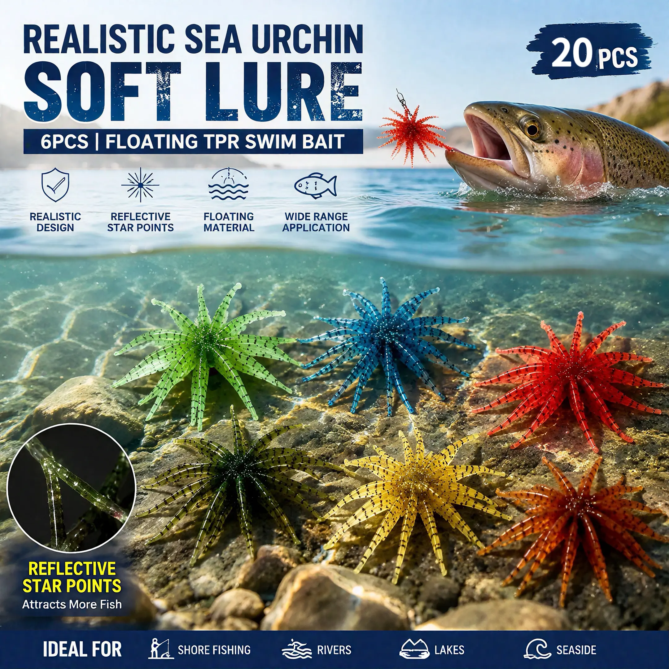 20pcs Realistic Sea Urchin Soft Lure, Reflective Star Points, Floating Tpr Swim Bait, Ideal for Shore Fishing, Trout, Rivers, Lakes, Seaside, Fishing Lures