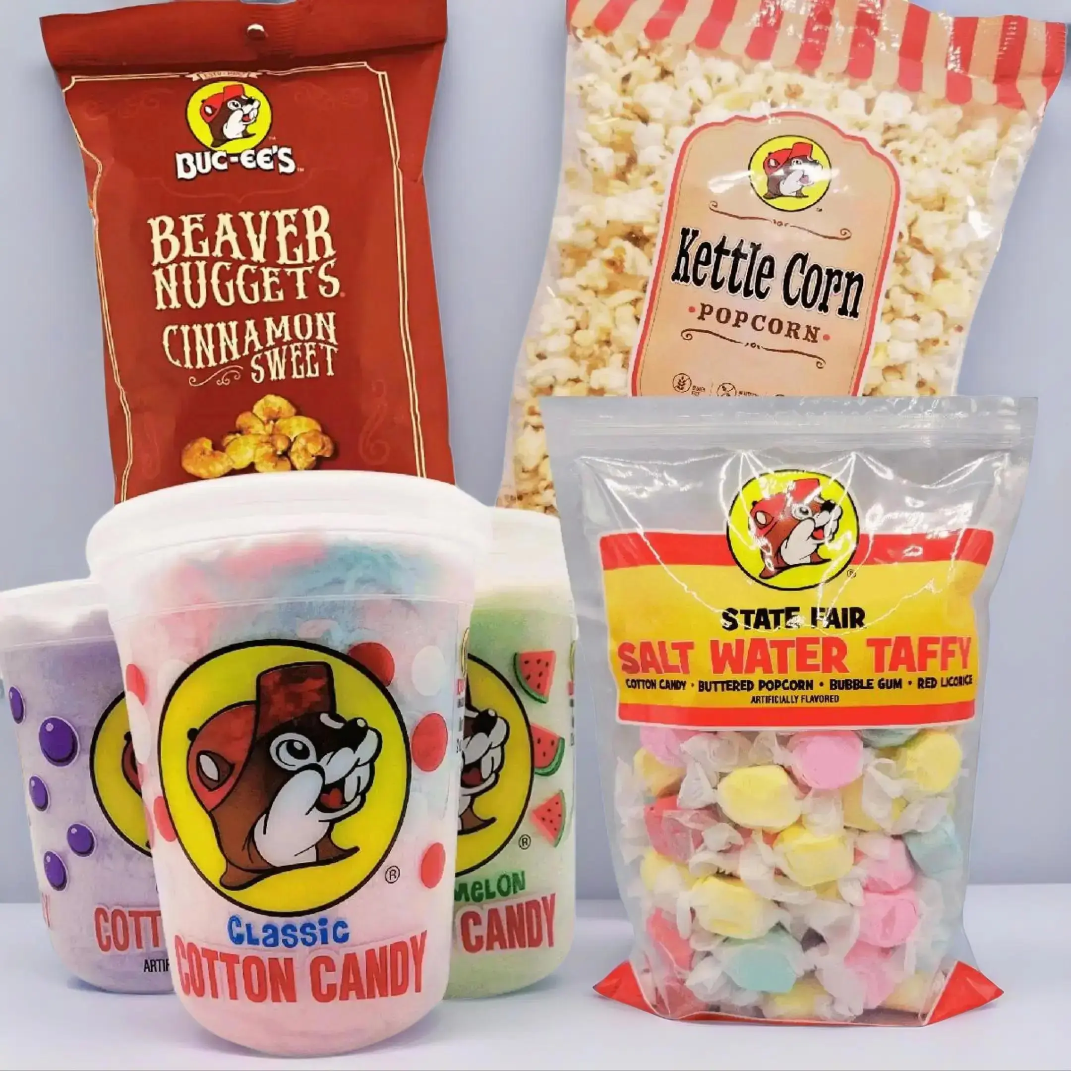Buc-ee's 4 Piece Fall Snack Bundle with State Fair Taffy, Cinnamon Sweet Beaver Nuggets, Cotton Candy 3 Pack and Kettle Corn Popcorn - Texas Gift with Free Reusable Grocery Tote Bag candy pack Bonbon