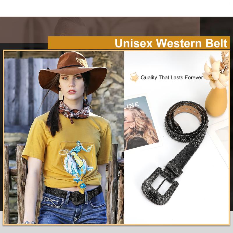 XZQTIVE Men Women Rhinestone Studded Western Leather Belt Western Cowboy Cowgirl Unisex Waist Belt with Rhinestone Buckle