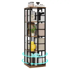 Garvee Rotating Bookshelf with 4 Levels, 137 cm, Space-saving Corner Tower with 360° Rotation, Industrial Metal Frame, Bookshelf for Study, Living Room or Bedroom, Color Brown