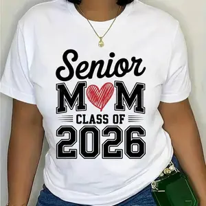 100% Cotton Senior Mom Class of 2026 Proud Parent Graduation Tee T-Shirt Casual Fabric Fit Round Neck Round Neck Shortsleeve Top Womenswear Black Knitted Pockets women oversized tshirt vintage clothing 2000s cute clothes oversized v neck tee kinich tops
