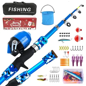 Christmas Fishing Rod Reel Combo Set Fishing Gear Set with Lure Box, Hooks, Floats, Lines, Bucket, Storage Bag, Extendable Fishing Kit for Beginners