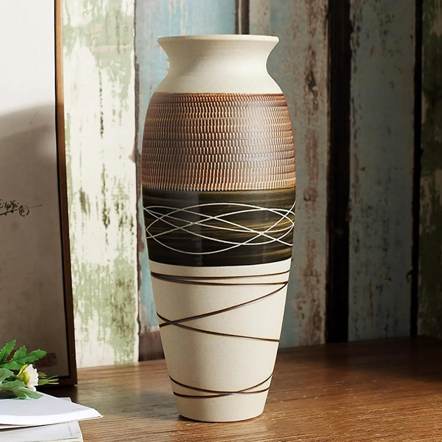 Ceramic Rustic Farmhouse Vase, 12.6" Large  Flower vase for  Decor, Tall Boho Textured Vases for Living Room, Table, Mantel, Shelf and Centerpieces Decor and Housewarming