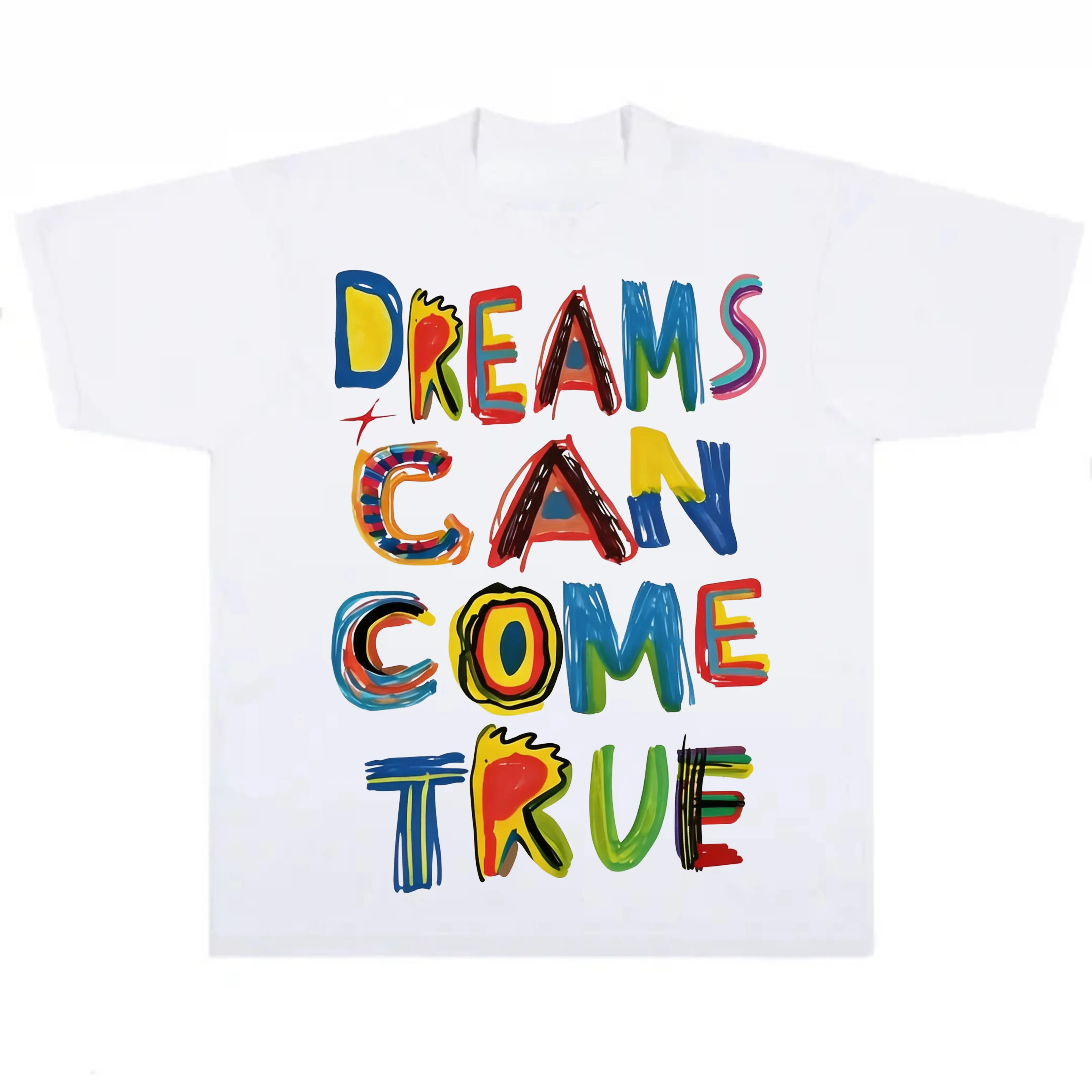 Men's Unisex "Dreams Can Come True" Graffiti Cotton Short-Sleeve T-Shirt, Retro Loose-Fit Casual Classic Top, Korean Vintage Streetwear, Cute Party Wear for Joggers, Natural Fabric Pairable with Sneakers