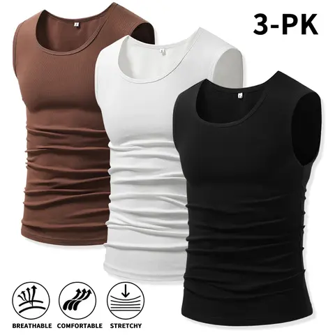 3 Pack Men Slim Fit Ribbed Muscle Tanks – Soft, stretchy, breathable sleeveless undershirts for workouts; basic tank shirts High Elasticity Lifestyle Beater Set casual singlets outfit