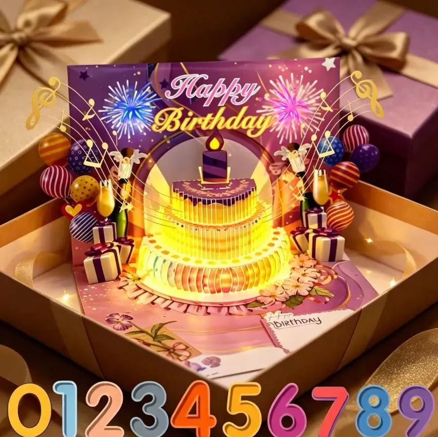 3D Pop-Up Birthday Card with Layered Cake, Fireworks & Balloon Prints, Blank Handwriting Greeting Card for Birthday Surprise Gift