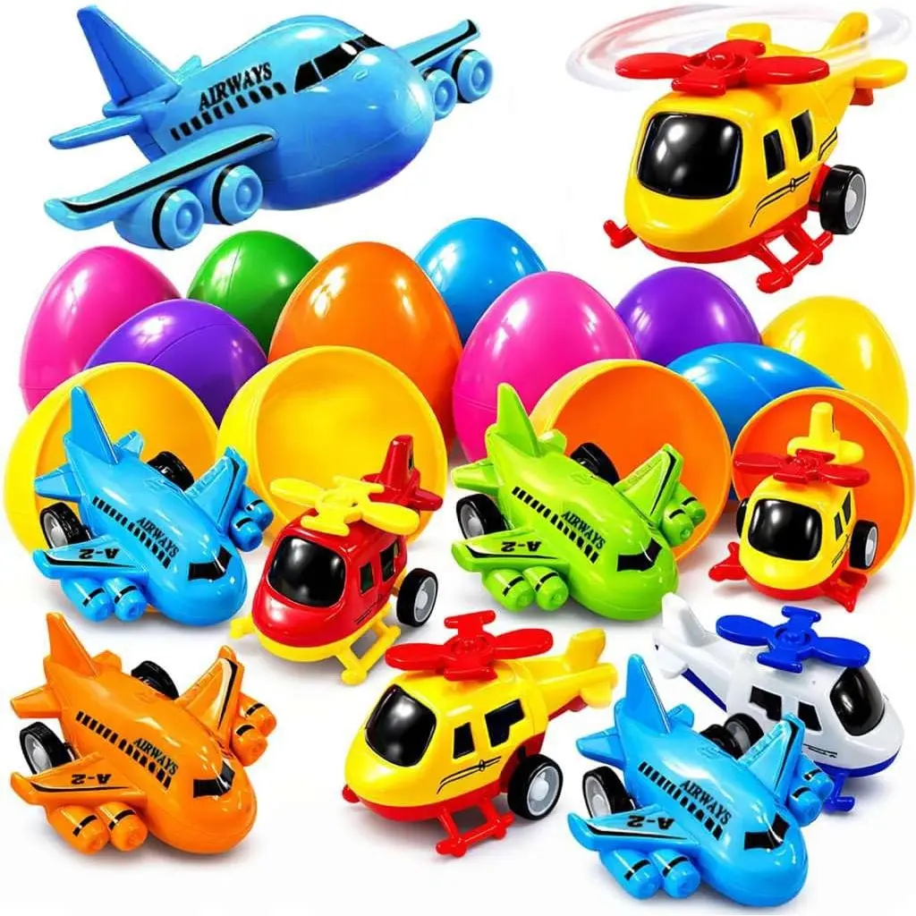 16 Pack Colorful Prefilled Easter Eggs bulk with toys - mini Aircraft, pull-back Helicopters & Airplanes. Plastic Easter Eggs Filled, Basket Fillers Egg Hunts, Party Favors, Boys Goodie Bags