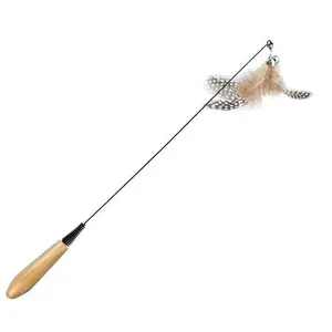 CFA Grade Wooden Handle Cat Teaser Wand with Feather and Bell, Interactive Cat Toy with Replaceable Head, Durable Pet Toy for Indoor Cats
