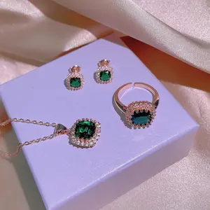 Women’s Emerald Zircon Ring Set – Princess-Set Oval & Cushion Stones, Three-Piece Finger Rings.