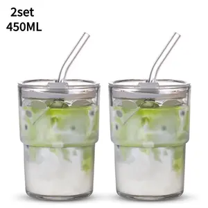 2set 450ML Glass Water Cup with Straw and Lid, Sealed Portable Thick-Wall Ice Coffee Cup, Suitable for Matcha, Iced Tea, Juice