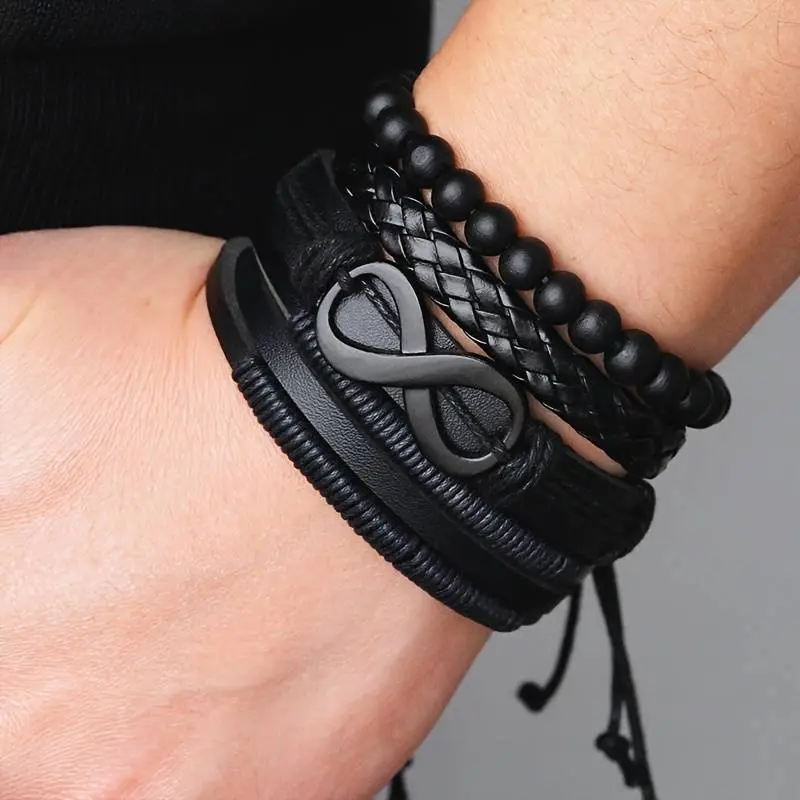 4pcs/Set Classic Men Infinity Bracelet Woven Multilayer Braided PU Leather Bracelets for Men Punk Jewelry Gifts