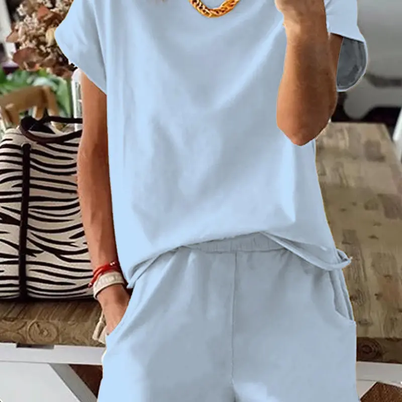 Women's Solid Basic Co-ord Set, Casual Short Sleeve Tee Top & Elastic Waist Shorts Set, Women's Summer Clothes for Daily Wear, Cute Summer Outfit, Adjustable, Womenswear
