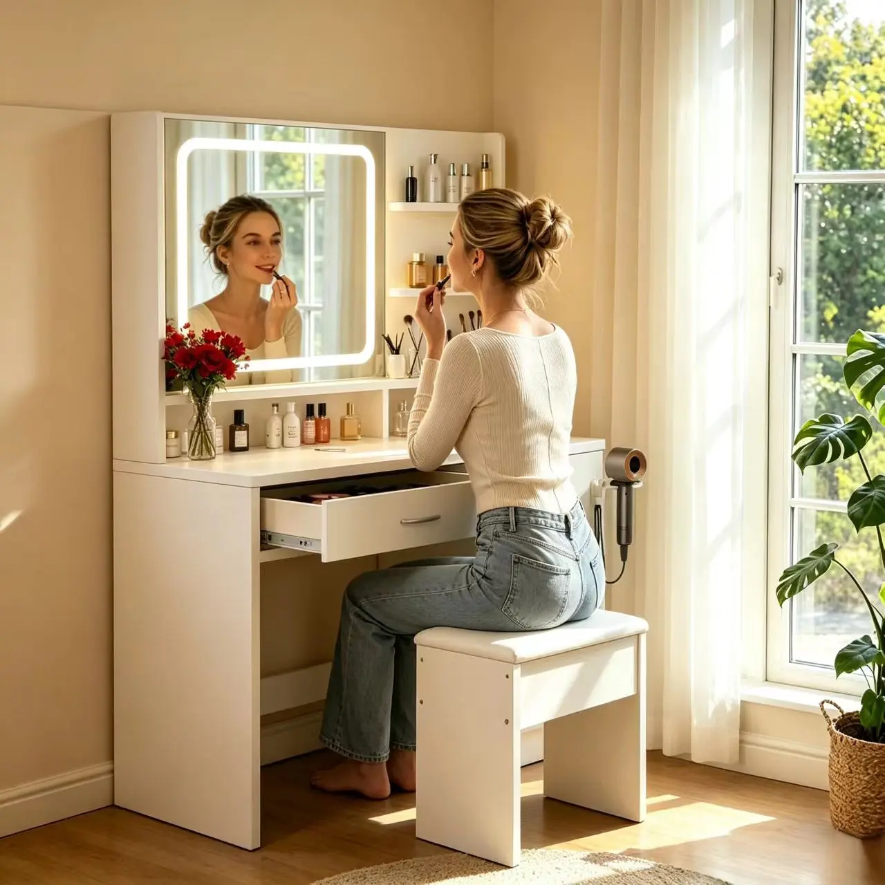 White LED Light Makeup Vanity  Set with Stool, Spacious Storage, and Hairdryer Holder for Bedroom Beauty Routines vowner stylish top modern table