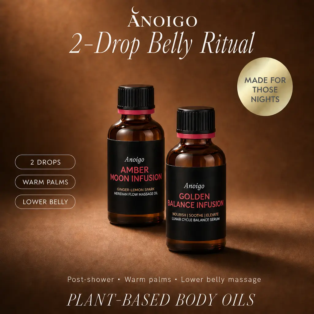 01 WARM + 02 CALM 2x50ml | ANOIGO Monthly Night Belly Ritual Duo 2-Drop Massage Oils for Post-Shower Body Care Amber + Golden • 2 x 50ml