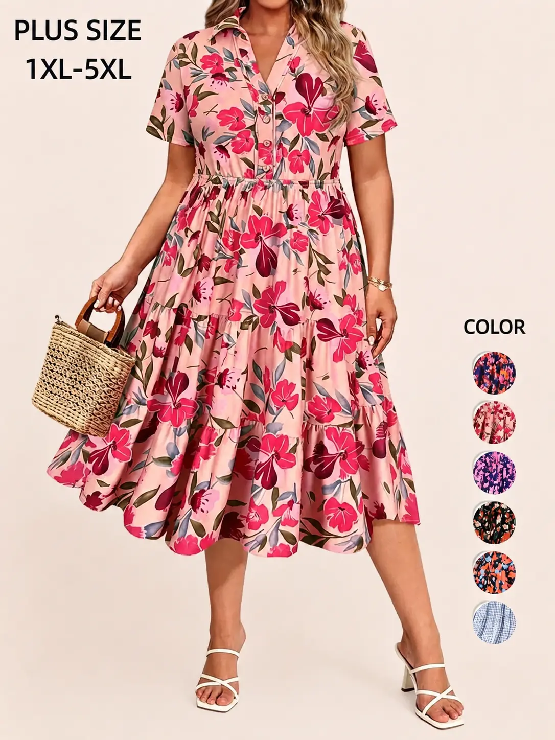 【Plus Size】Dresses for Curvy Women Collared Vneck Short Sleeve Dresses Midi Summer Ruffle Dress with Pocket XL-5XL Womenswear Shortsleeve