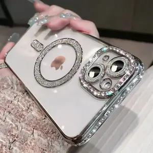 Case for iPhone 15 11 12 13 14 Pro Max 14 15 Plus Case Magnetic Glitter Full Camera Len Protector[Compatible with MagSafe] Clear Diamond Rhinestone Shockproof Cute Crystal Bling Case