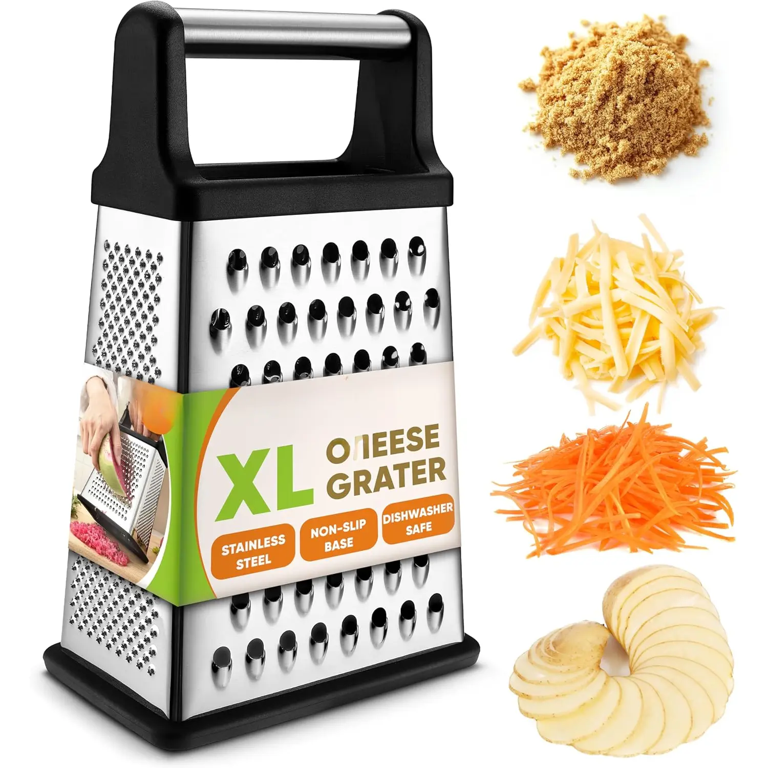 Professional Cheese Grater - Stainless Steel, XL Size, 4 Sides -  Box Grater for Parmesan Cheese, Vegetables, Ginger - Dishwasher Safe - Black
