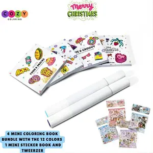Easter Gift Cozy Coloring BEST GIFT 4 Mini Coloring Books Bundle with 12 Markers & Stickers for Kids & Adults 3x3 Inches Pocket Size Stress Relief Creative Relaxation