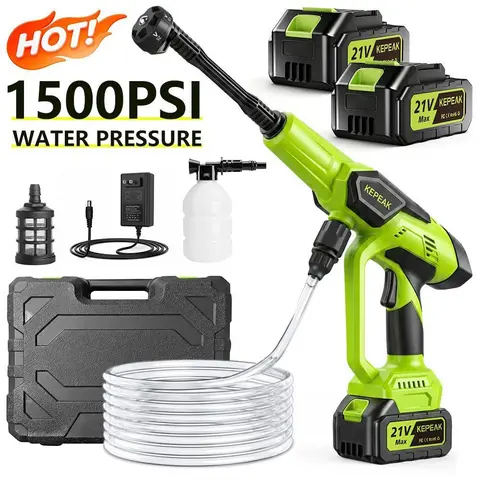 KEPEAK Cordless Power Washer Full Kit - 1500 PSI Plastic Portable Cleaner, 21V 13000mAh 3C Discharge Battery, 200W 14-Piston Pump, Foam Cannon, Multi-Spray Nozzle & Pressure Washer Accessories for Outdoor Cleaning