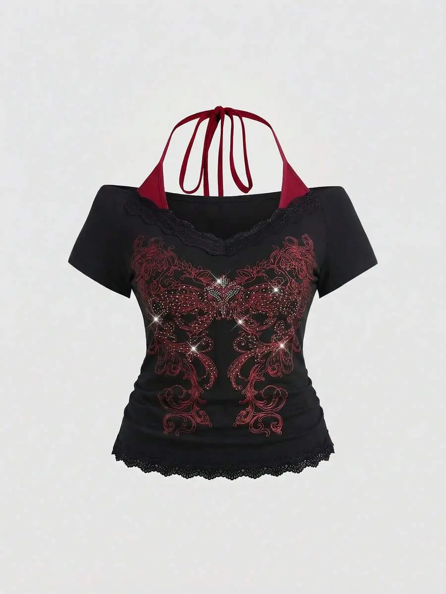 PULSE x Fairycore Plus Size Retro Y2K Totem Rhinestone Lace Trim Deep V-Neck 2 In 1 Cinched Waist T-Shirt