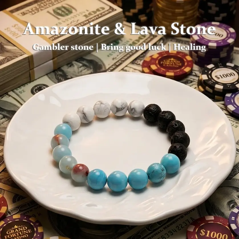 Unisex Natural Crystal Healing Bracelet - Amazonite, Turquoise, Howlite, Volcanic Stone Beads, 17Cm / 6.80 Inch, March Birthstone, Energy Purifier, Good Luck, Wealth, Tension Relief, Birthday Gift for Adults, Healing Colors Accessory