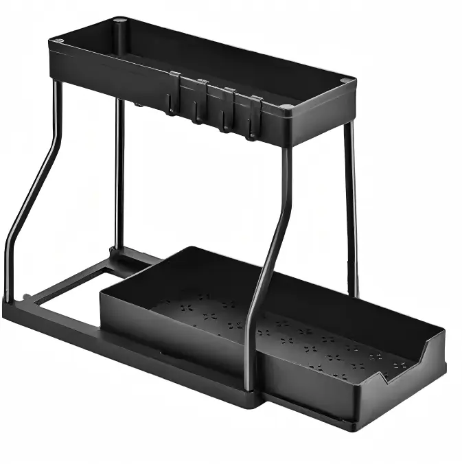 2-Tier Expandable Under Sink Organizer, Adjustable L-Shaped Sliding Storage Rack with Shelves and Hooks, Space-Saving Cabinet Organizer for Kitchen, Bathroom, Pantry, Cleaning Supplies and Spice Storage