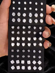 36 Pairs Women's Earring Set, Elegant Geometric Heart Artificial Zircon Stud Earrings, Daily Wear, Party, Wedding Gift, All Seasons