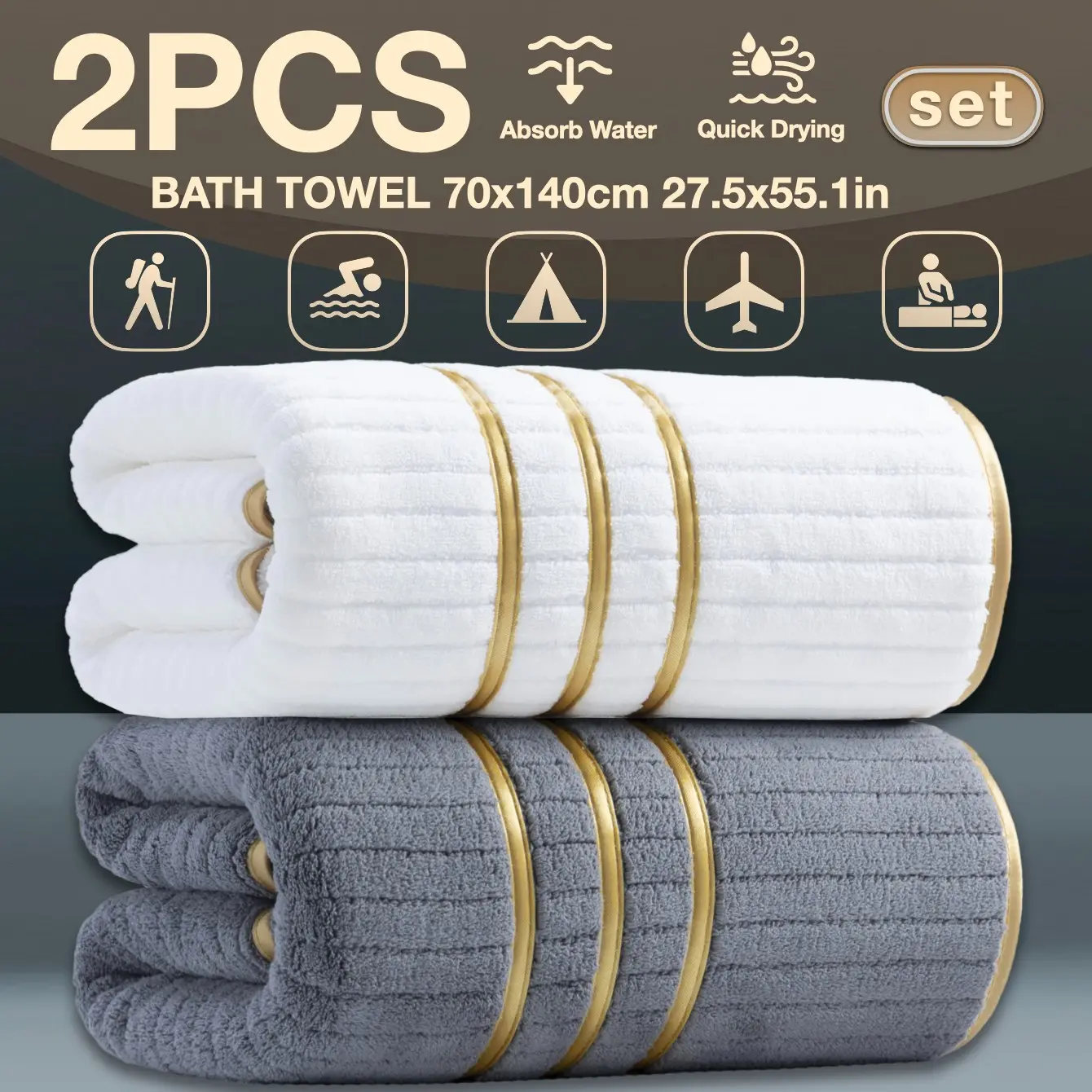 2-Pack Luxury Minimalist Gold Trim Embroidered Bath Towels, High-Density Ultra-Fiber Absorbent Soft Quick-Dry, Hotel Quality Spa Essentials
