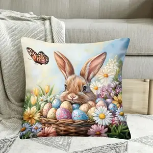 1pc Easter Bunny & Eggs Pillow Case - Double-Sided Easter Decor with Zipper Closure, Pastel Floral Bunny, Machine Washable Cushion Cover for Living Room, Bedroom, Sofa - Fits 14x14, 16x16, 18x18, 20x20 Inch Pillows - No Insert Needed - Easter Home Decorat