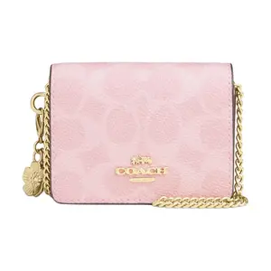 COACH Mini Floral-Print Wallet with Gold Chain Charm for Women – Pink Coated Canvas and Leather