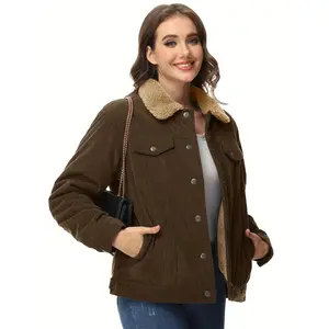 Women's Corduroy Jacket Fleece Lined Warm Winter Coat Button Casual Jacket with Pockets Windproof Soft Heavyweight Coat for Daily Wear,  Parties Long Sleeve Womenswear