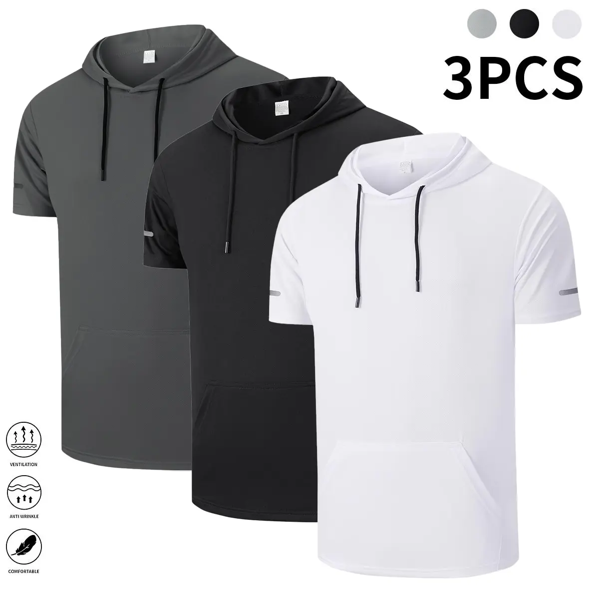 Men's 3-Pack Short-Sleeve Hooded Athletic T-Shirts, Quick Dry Breathable Synthetic Fabric, Kangaroo Pocket, Fashion Solid Color, Suitable for Running & Indoor Fitness Summer Menswear