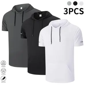 3-pack men’s hooded athletic T-shirts with kangaroo pocket, breathable quick-dry fabric, suitable for running and workouts, indoor fitness, solid color, men’s sports short-sleeve T-shirt, summer menswear, summer short sleeves, menswear