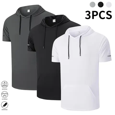 Men's 3-Pack Short-Sleeve Hooded Athletic T-Shirts - Quick Dry Breathable Polyester, Kangaroo Pouch, Solid, Casual Gym 3pack Workout Set for Workout to Indoor Fitness, Mensfashion Summer Tops