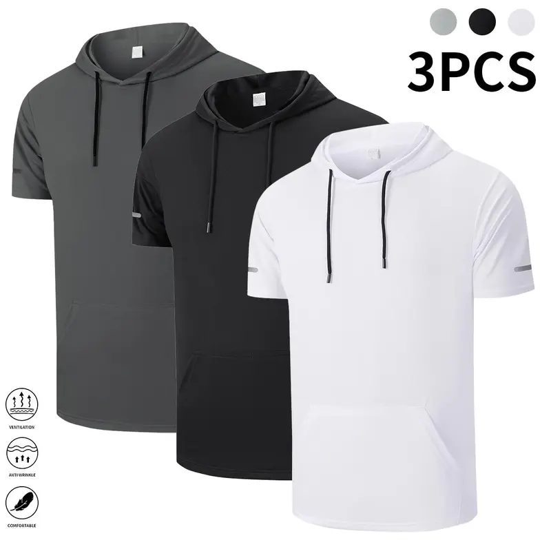 Men's 3-Pack Short-Sleeve Hooded Athletic T-Shirts - Quick Dry Breathable Polyester, Kangaroo Pouch, Solid, Casual Gym 3pack Workout Set for Workout to Indoor Fitness, Mensfashion Summer Tops