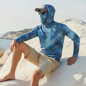 2026 New Mens T-Shirt Fishing Sun Hoodies with Built-in Mask, Long Sleeve UV Protection Quick Dry Moisture Wicking Shirt for Hiking Boating Gardening