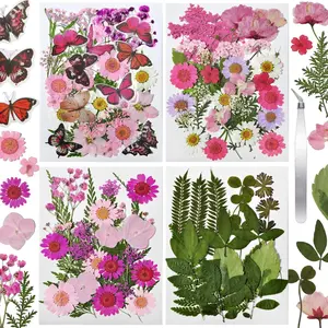 Dried Flowers for Resin 116Pcs, Pink Real Natural Pressed Flowers with 10 Butterfly Stickers, Dried Leaves kit for Scrapbook Supplies Card Making Resin Jewelry Soap Candle DIY Crafts
