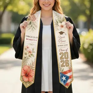 Custom Puerto Rican Boricua Graduation Stole 2026 Orgullo Boricua Floral Hibiscus Personalized Name School White Gold Sash with Puerto Rico Flag for Boricua Latino Graduates Class of 2026